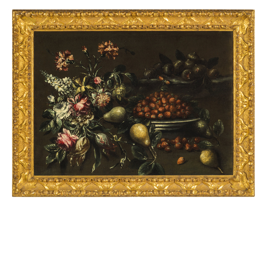 PITTORE DEL XVII SECOLO Naturamorta con fiori e frutta<br>Olio su tela, cm 56X76