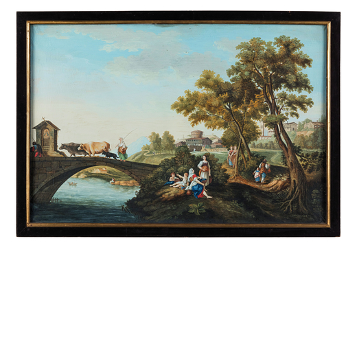 Paesaggio con ponte, figure e armenti Firmato Cosimo Minucci e datato 1814 in basso a destra<br>Temp