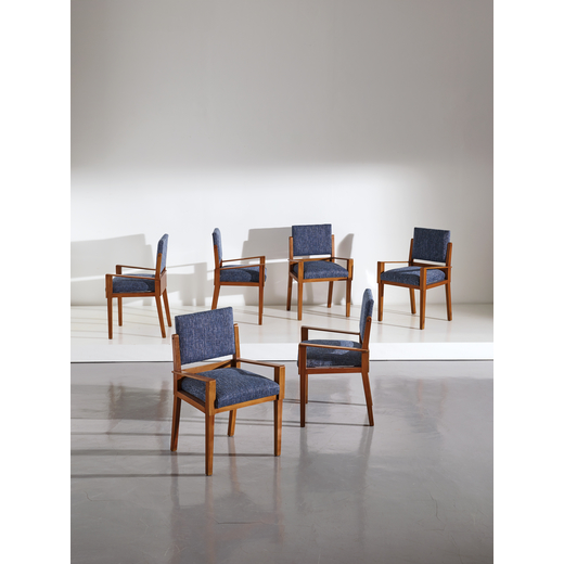 EUGENIA ALBERTI REGGIO (ATTRIB. A)   6 Sei sedie. Legno di faggio, tessuto imbottito. Italia anni 50
