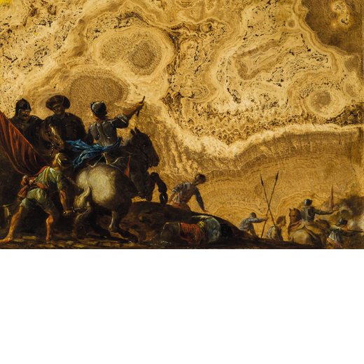 PITTORE ATTIVO A ROMA NEL XVI-XVII SECOLO Scena di battaglia<br>Olio su alabastro, cm 39X57