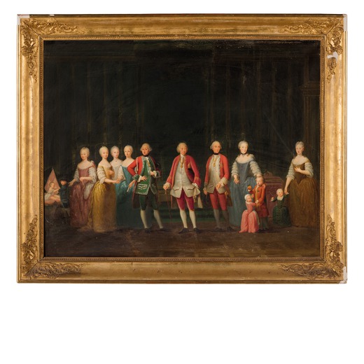 PITTORE PIEMONTESE DEL XVIII SECOLO Ritratto di Carlo Emanuele di Savoia con la famiglia <br>Olio su