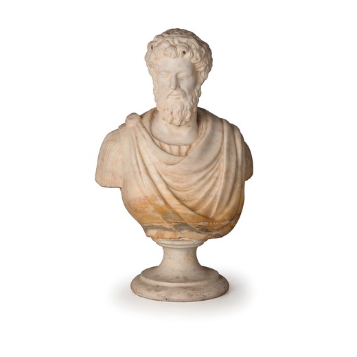 SCULTURA IN MARM0 BIANCO, XVIII SECOLO raffigurante busto di Marco Aurelio, base circolare in marmo 