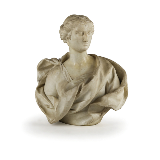SCULTURA IN MARMO, XVIII SECOLO raffigurante busto di gentildonna dallantico con ricco manto pannegg