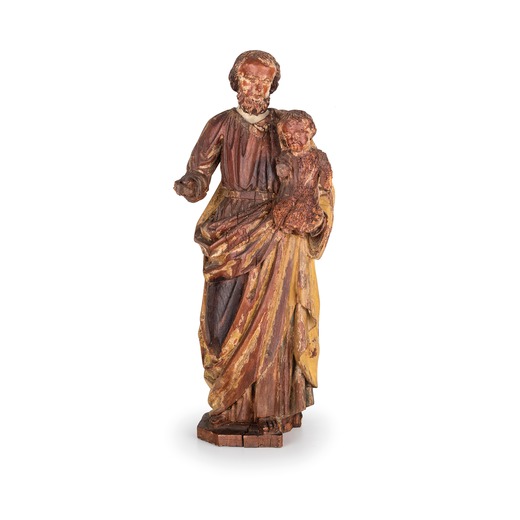 SCULTURA IN LEGNO POLICROMO, XVI-XVII SECOLO raffigurante San Giuseppe stante col Bambino; usure, ro