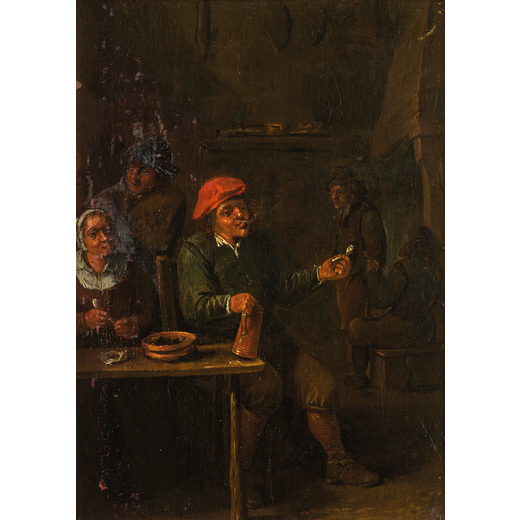 DAVID TENIERS (seguace di) (Anversa, 1610 - Bruxelles, 1690)<br>Scena di osteria<br>Olio su tavola, 