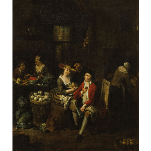 JAN BAPTIST LAMBRECHTS (Anversa, 1680 - 1731 circa)<br>Scena dinterno di cucina<br>Olio su tela, cm 