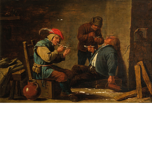 DAVID TENIERS  (Anversa, 1610 - Bruxelles, 1690)<br>Interno di osteria con fumatori<br>Olio su tavol
