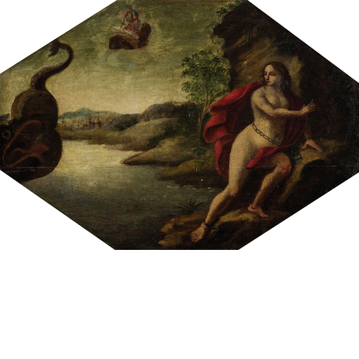 PITTORE DEL XVII-XVIII SECOLO Perseo e Andromeda<br>Olio su tavola, cm 34X49