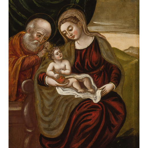 PITTORE ADRIATICO DEL XVI-XVII SECOLO Sacra Famiglia<br>Olio su tavola, cm 52X46