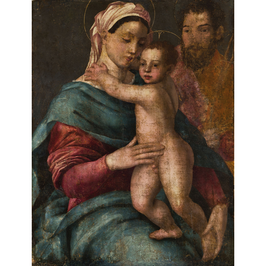 PITTORE DEL XVI SECOLO Sacra Famiglia<br>Olio su tavola, cm 88X77