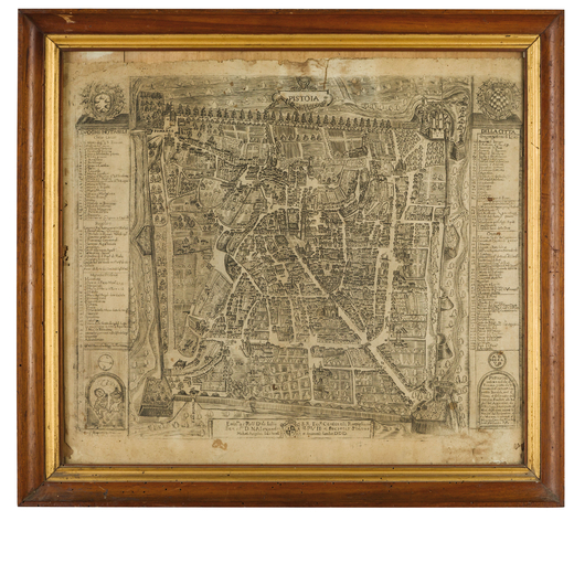 INCISORE DEL XVI-XVII SECOLO raffigurante cartina della città di Pistoia entro cornice in legno di 