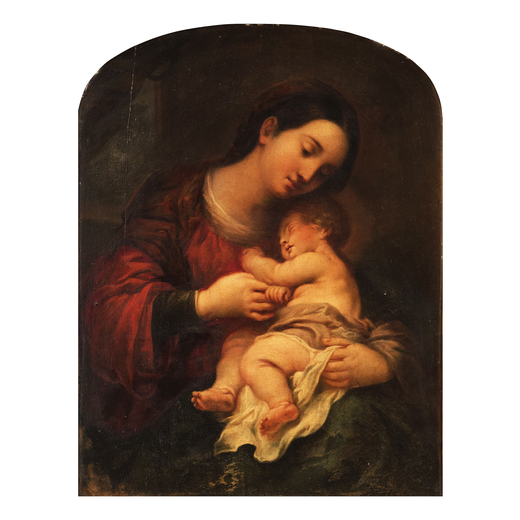 PITTORE DEL XVIII-XIX SECOLO Madonna con il Bambino<br>Olio su tela, cm 73X56