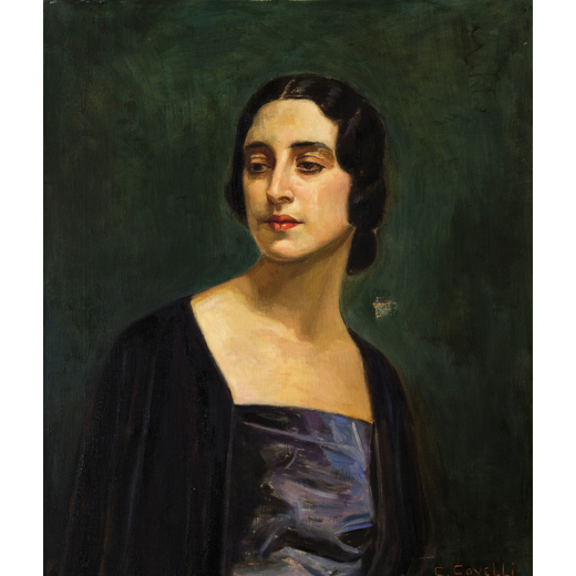 PITTORE DEL XX SECOLO Ritratto di Maria De Peverelli Luschi<br>Olio su tela, cm 74X61