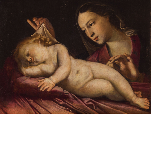 PITTORE DEL XVII SECOLO Madonna con il Bimbo addormentato<br>Olio su tela, cm 51X67