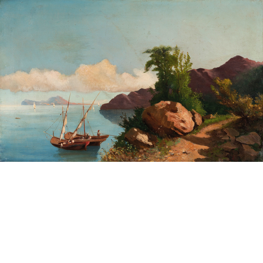 PITTORE DEL XIX - XX SECOLO <br>Marina con barca<br>Olio su tela, cm 46X75