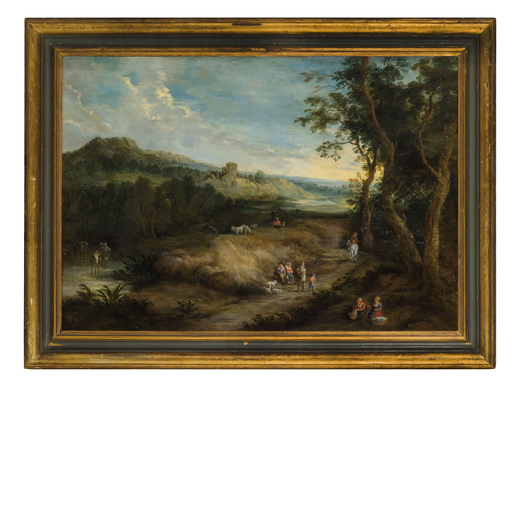 PITTORE FIAMMINGO DEL XVII-XVIII SECOLO Paesaggio con figure<br>Olio su tela, cm 82X120