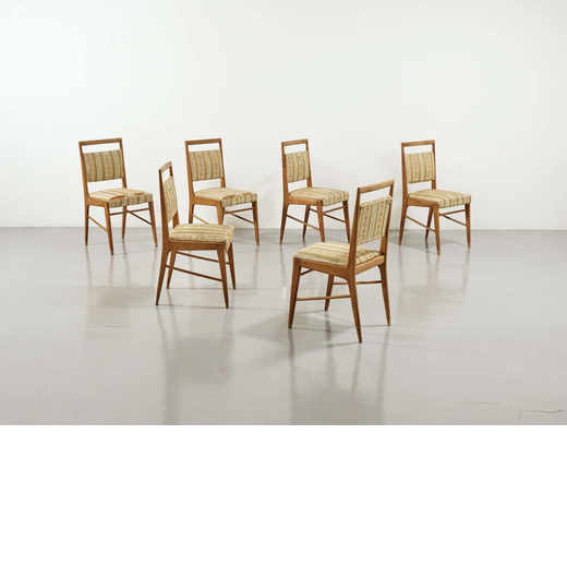 MANIFATTURA ITALIANA  6 Sei sedie. Legno di frassino, tessuto imbottito. Italia anni 50.<br>cm 91x46