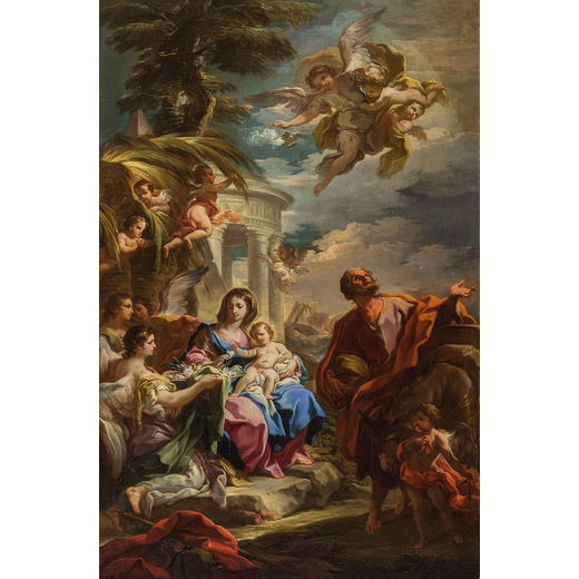 CORRADO GIAQUINTO (Molfetta, 1703 - Napoli, 1766) <br>Riposo dopo la fuga in Egitto<br>Olio su tela,