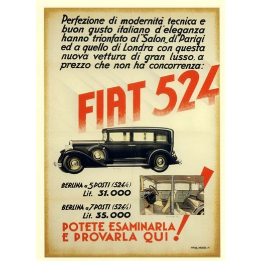 Fiat 524 Manifesto Pubblicitario [Telato]<br>Anonimo ; Edito Gros-Monti, Torino <br>1931 ; Misure h 