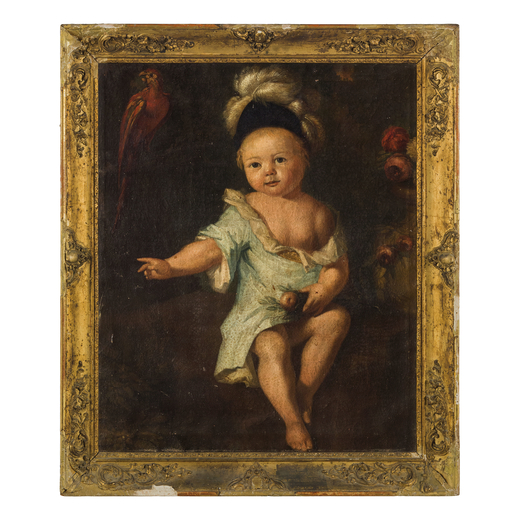 PITTORE OLANDESE DEL XVII-XVIII SECOLO Ritratto di bambino con frutti e pappagallo<br>Olio su tela, 