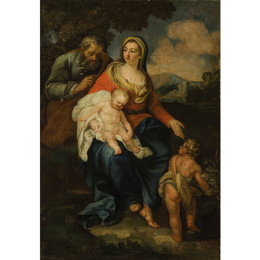 PITTORE DEL XVII-XVIII SECOLO Sacra Famiglia<br>Olio su tela, cm 150X114
