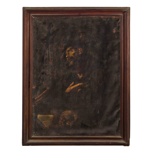 PITTORE DEL XVII-XVIII SECOLO San Francesco<br>Olio su tela, cm 98X74