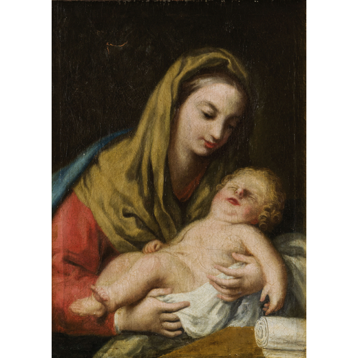 PITTORE VENETO DEL XVIII SECOLO Madonna con il Bambino<br>Olio su tela, cm 80X59<br>Provenienza: 