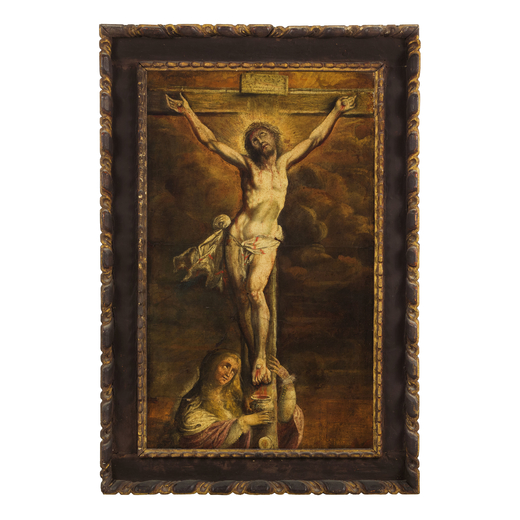 PITTORE DEL XVII-XVIII SECOLO Crocifissione con la Maddalena<br>Olio su tela, cm 88X53,5