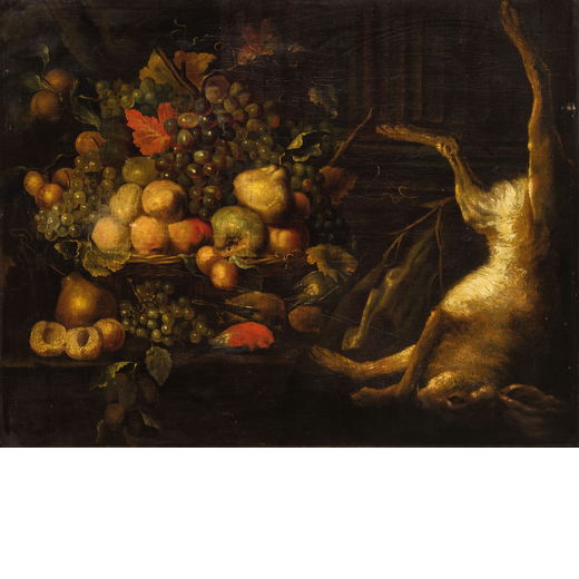 PITTORE DEL XVIII SECOLO Natura morta con frutta e cacciagione<br>Olio su tela, cm 75X97