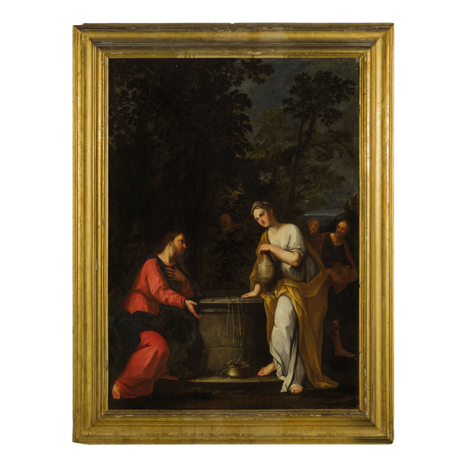PITTORE ATTIVO A GENOVA NEL XVII-XVIII SECOLO Cristo e la Samaritana<br>Olio su tela, cm 142X101,7
