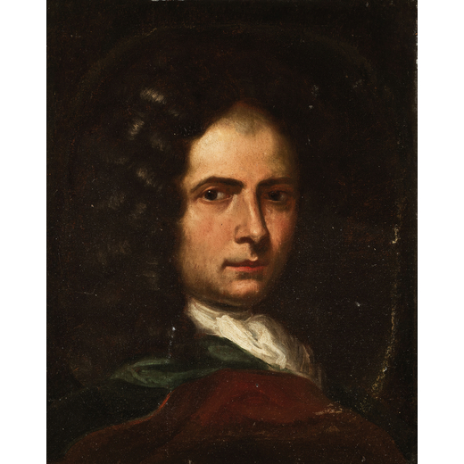 SEBASTIANO BOMBELLI  (Udine, 1635 - Venezia, 1719)<br>Ritratto duomo<br>Olio su tela, cm 50X40