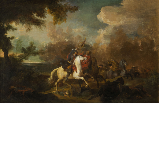 GEORG PHILIPP RUGENDAS THE YOUNGER (Augusta, 1701 - 1774) <br>Battaglia<br>Olio su tela, cm 52X80