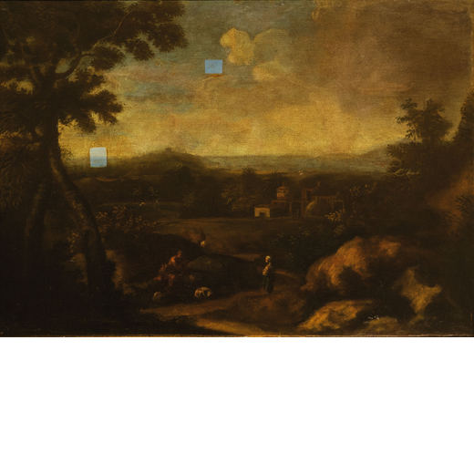 PITTORE ATTIVO A ROMA NEL XVIII SECOLO Paesaggio<br>Olio su tela, cm 98X135