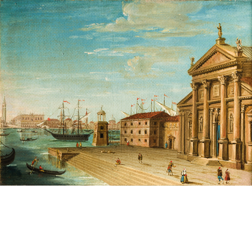 BERNARDINO BISON  (1762 - 1844)<br>Venezia, Dogana<br>Olio su tavola, cm 16X23