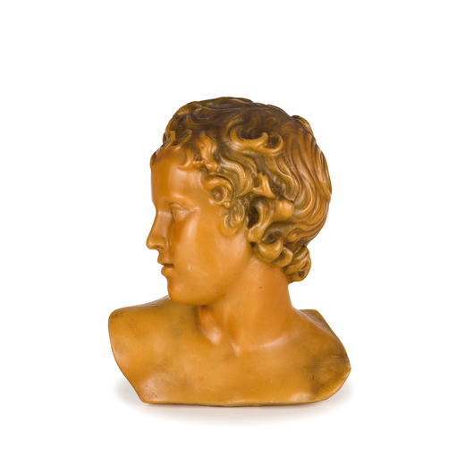 FIGURA IN CERA, XIX-XX SECOLO raffigurante busto di fanciullo; usure, alcune sbeccature e mancanze, 