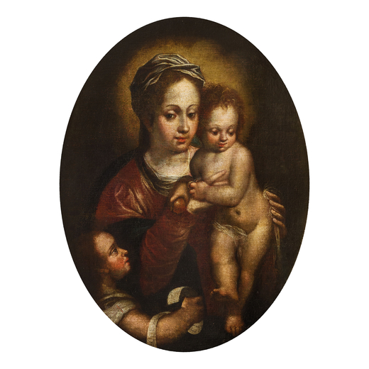 PITTORE DEL XVII SECOLO Madonna con il Bambino e San Giovannino<br>Olio su tela ovale, cm 81X61