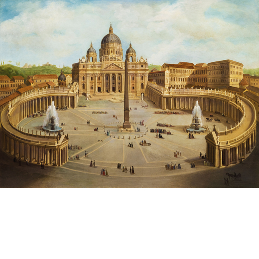 PITTORE DEL XIX SECOLO Veduta della Basilica di San Pietro <br>Olio su tela, cm 100X138