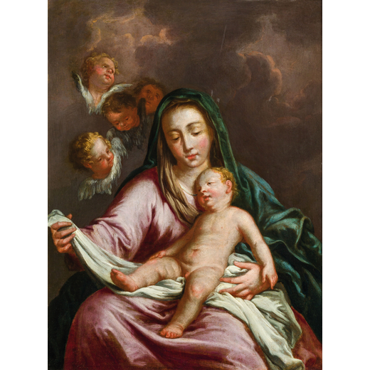 PITTORE DEL XVII SECOLO  Madonna con il Bambino<br>Olio su tavola, cm 41X30