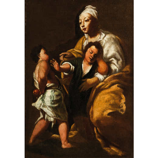 GIUSEPPE MARIA CRESPI (Bologna, 1665 - 1747)<br>Donna con due bambini che bisticciano<br>Olio su tel