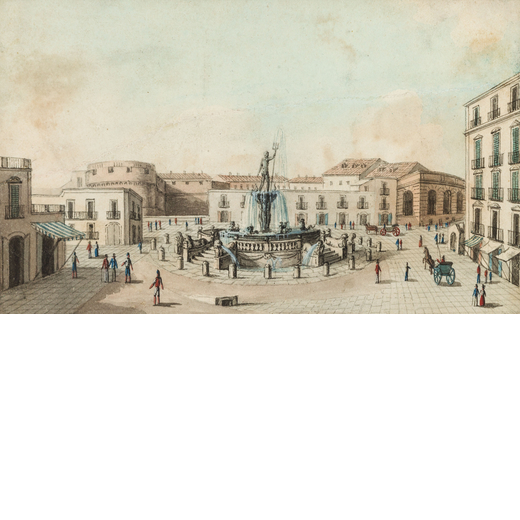 PITTORE DEL XVIII-XIX SECOLO Veduta della fontana Medina<br>Matita e acquerello su carta, cm 9,5X17