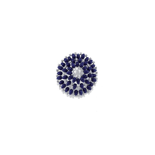 SPILLA IN ORO BIANCO, SMALTO E DIAMANTI circolare a raggiera, decorata con smalto blu e diamanti tag