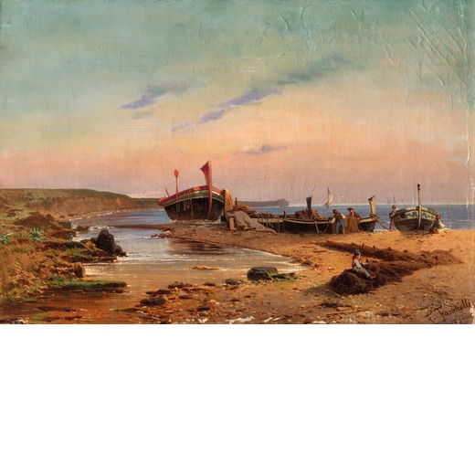 GAETANO FASANOTTI (1831-1882)  Marina con barche e pescatori <br>Firmato G. Fasanotti e datato 77 in