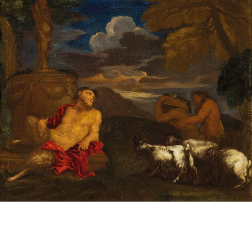 PITTORE GENOVESE DEL XVII SECOLO Satiro con fauni e pecore<br>Olio su tela, cm 44X55