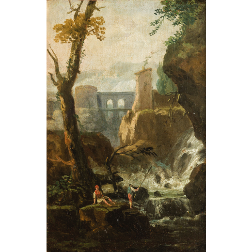 ALESSIO DE MARCHIS  (Napoli, 1710 circa -  Perugia, 1752)<br>Paesaggio con cascata<br>Olio su tela, 
