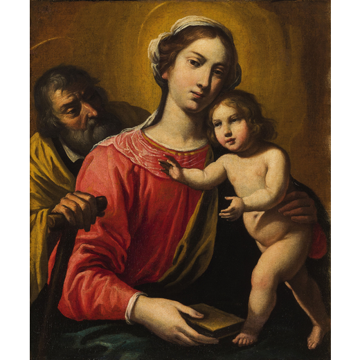 PITTORE DEL XVIII SECOLO Madonna con il Bambino e San Giuseppe<br>Olio su tela, cm 65X55