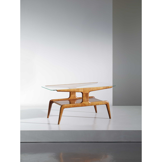 GIO PONTI  Tavolino da salotto anni 50. legno, cristallo molato<br>cm 47x96x45,5