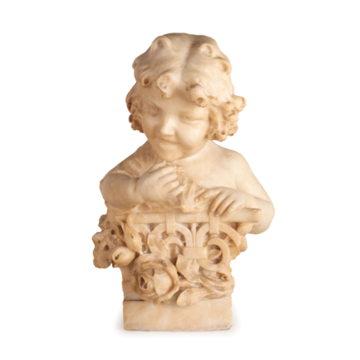 SCULTURA IN ALABASTRO, XX SECOLO raffigurante busto di fanciulla con composizione floreale; usure, r