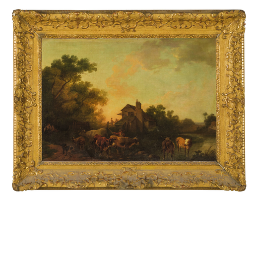 PITTORE NORDICO DEL XVIII-XIX SECOLO Paesaggio con armenti e cani<br>Olio su tela, cm 53X74