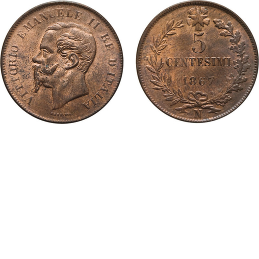 REGNO DITALIA. VITTORIO EMANUELE II. 5 CENTESIMI VALORE 1867  Napoli. Rame, 5,07 gr, 25 mm, SPL+. Ex