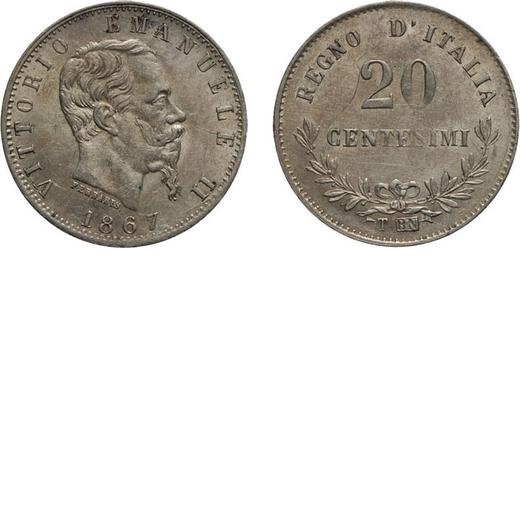 REGNO DITALIA. VITTORIO EMANUELE II. 20 CENTESIMI VALORE 1867  Torino. Argento, 0,98 gr, 16 mm, qSPL